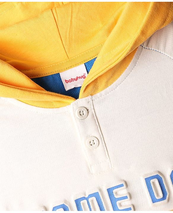 Babyhug Cotton Knit Full Raglan Sleeves Hooded Sweatshirt with Henley Neck Cut & Sew Design & Game Boy Graphics - White Blue & Yellow