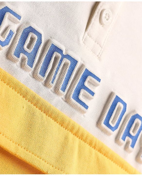 Babyhug Cotton Knit Full Raglan Sleeves Hooded Sweatshirt with Henley Neck Cut & Sew Design & Game Boy Graphics - White Blue & Yellow