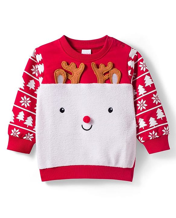 Babyhug Cotton Knit Full Sleeves Sweatshirt With Reindeer Print & Applique - Red & White