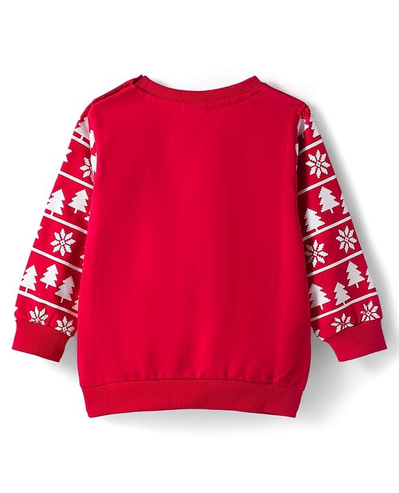 Babyhug Cotton Knit Full Sleeves Sweatshirt With Reindeer Print & Applique - Red & White