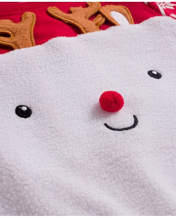 Babyhug Cotton Knit Full Sleeves Sweatshirt With Reindeer Print & Applique - Red & White