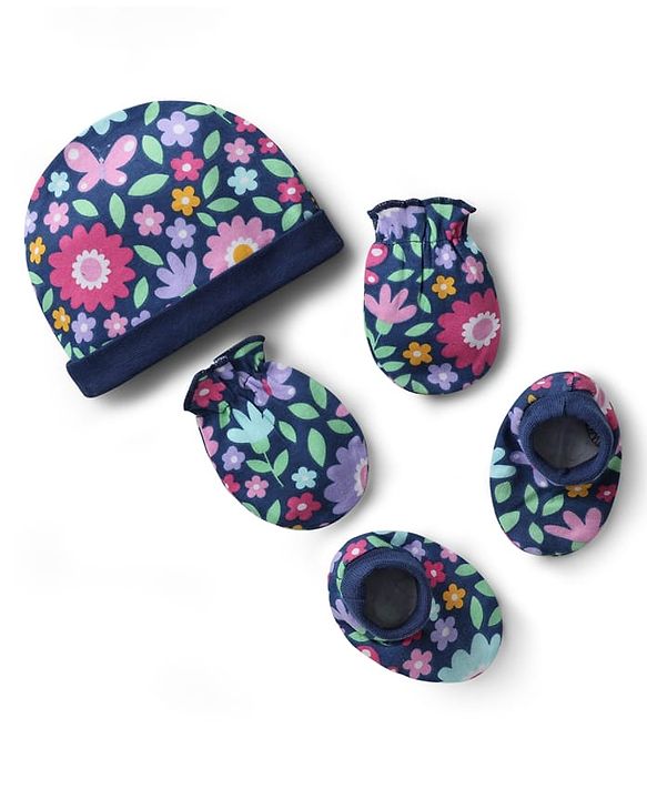 Babyhug 100% Cotton Floral Printed Cap Mittens & Booties Set Navy Blue - Diameter 14 cm