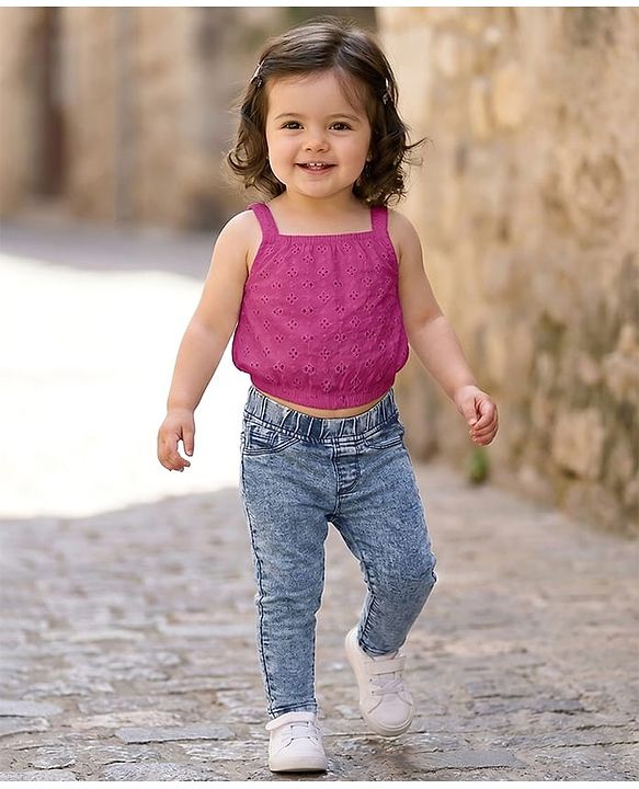 Babyhug Cotton Denim Full Length Washed Jegging With Stretch - Cloud Blue