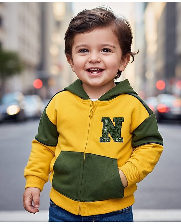 Babyhug Cotton Knit Full Sleeves Hooded SweatJacket with Cut & Sew Design & Kangaroo Pocket - Yellow & Green