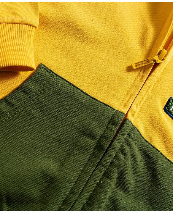 Babyhug Cotton Knit Full Sleeves Hooded SweatJacket with Cut & Sew Design & Kangaroo Pocket - Yellow & Green