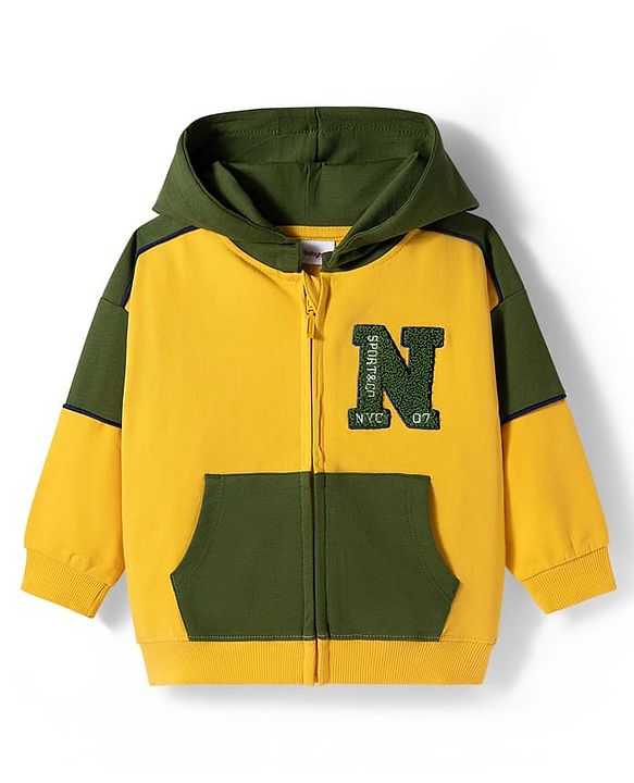Babyhug Cotton Knit Full Sleeves Hooded SweatJacket with Cut & Sew Design & Kangaroo Pocket - Yellow & Green