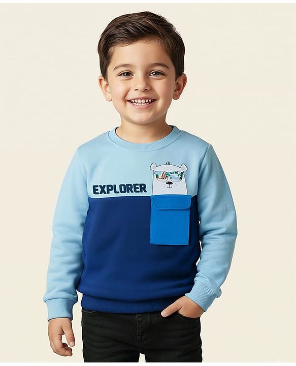 Babyhug Cotton Knit Full Sleeves Sweatshirt With Polar Bear Graphics - Blue