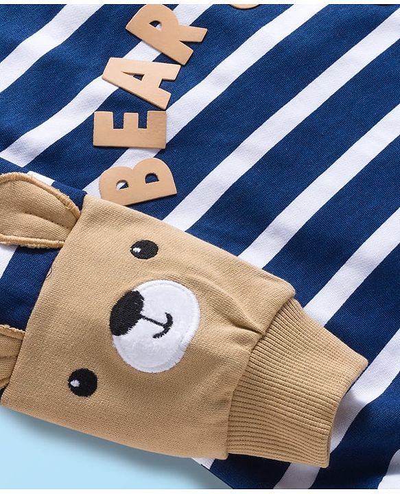 Babyhug Cotton Knit Full Sleeves Striped Sweatshirt With Teddy Bear Print & Applique - Navy Blue & White