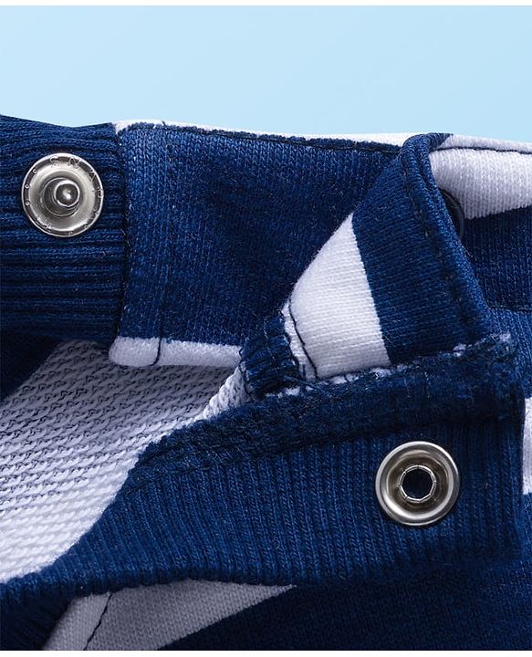 Babyhug Cotton Knit Full Sleeves Striped Sweatshirt With Teddy Bear Print & Applique - Navy Blue & White