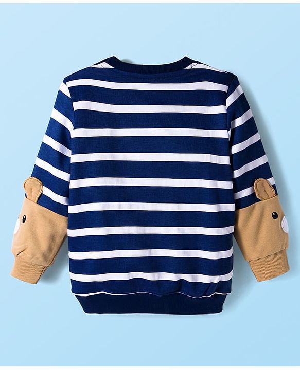 Babyhug Cotton Knit Full Sleeves Striped Sweatshirt With Teddy Bear Print & Applique - Navy Blue & White