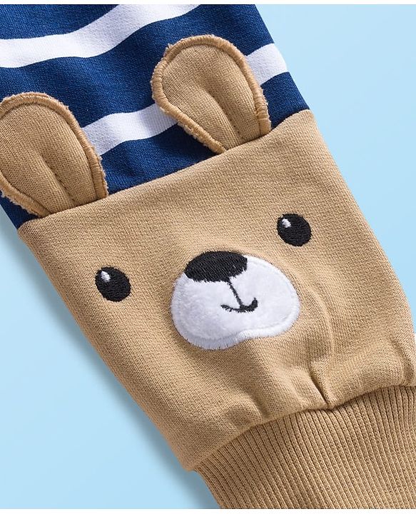 Babyhug Cotton Knit Full Sleeves Striped Sweatshirt With Teddy Bear Print & Applique - Navy Blue & White