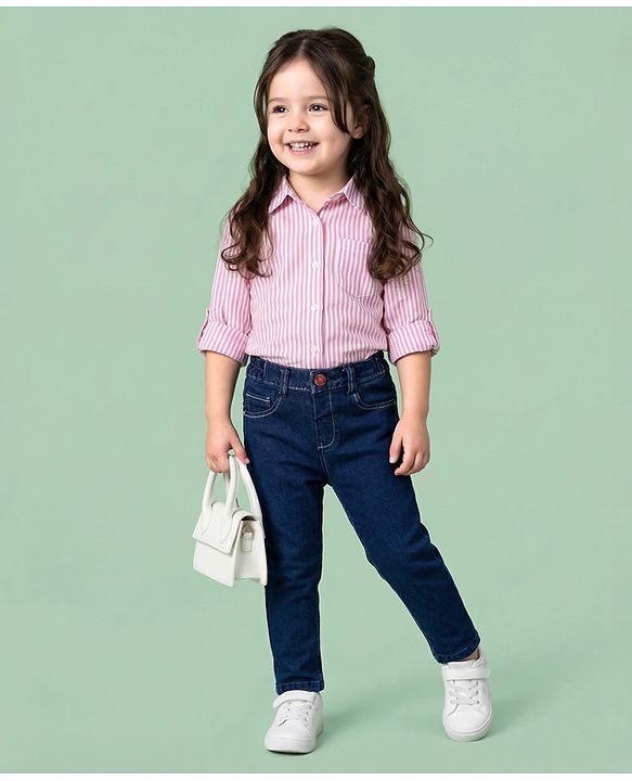 Babyhug Cotton Denim Full Length Jeans With Stretch - Navy Blue