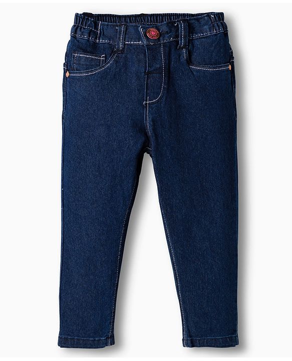 Babyhug Cotton Denim Full Length Jeans With Stretch - Navy Blue