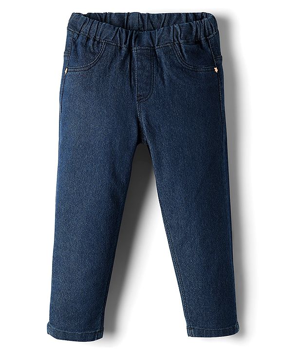 Babyhug Cotton Denim Washed Jeggings With Stretch - Navy Blue
