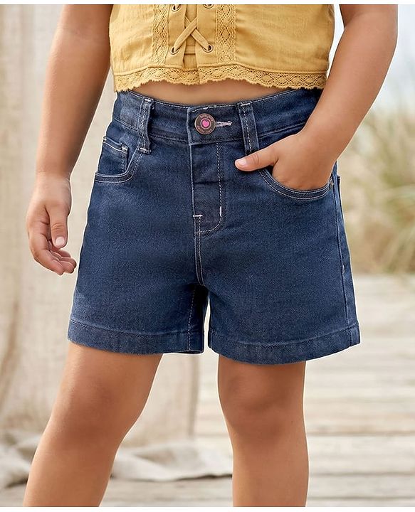 Babyhug Mid Thigh Denim Washed Shorts With Stretch - Navy Blue