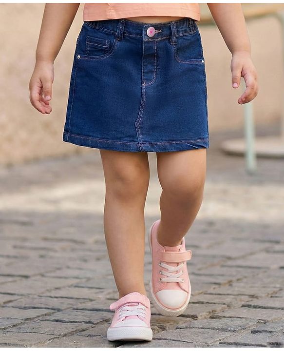 Babyhug Denim Mid Thigh Washed Skirt With Stretch - Navy Blue