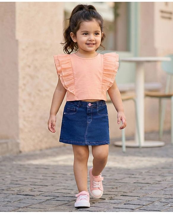 Babyhug Denim Mid Thigh Washed Skirt With Stretch - Navy Blue
