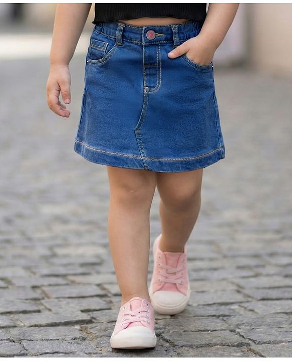 Babyhug Denim Mid Thigh Washed Skirt With Stretch - Navy Blue