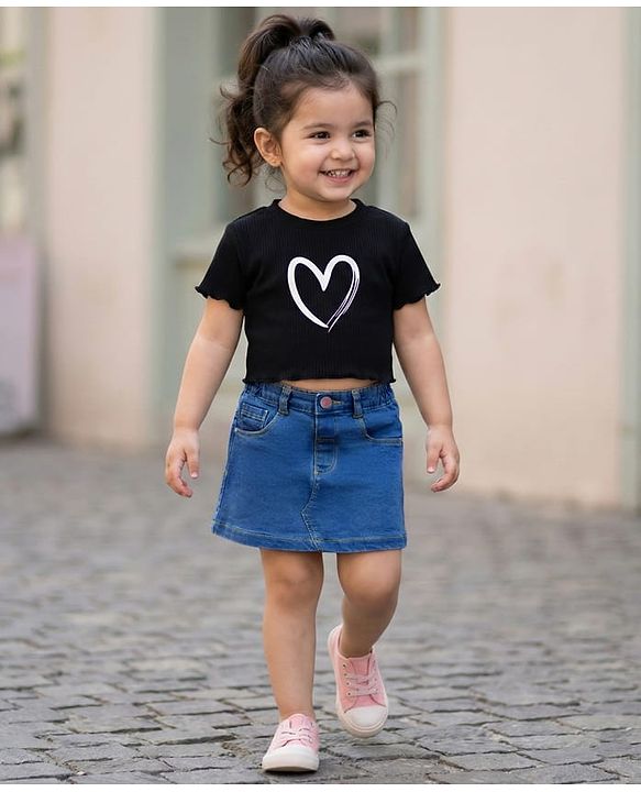 Babyhug Denim Mid Thigh Washed Skirt With Stretch - Navy Blue