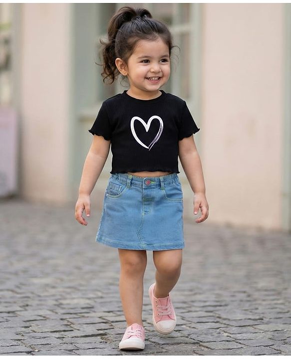 Babyhug Denim Mid Thigh Washed Skirt With Stretch - Navy Blue