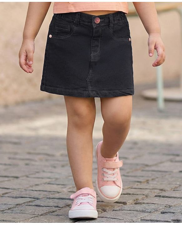 Babyhug Denim Mid Thigh Washed Skirt With Stretch - Navy Blue