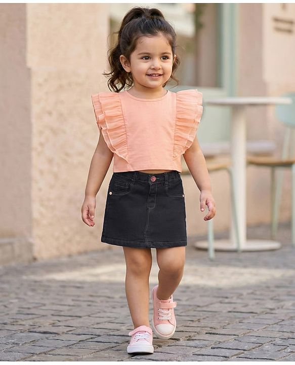 Babyhug Denim Mid Thigh Washed Skirt With Stretch - Navy Blue
