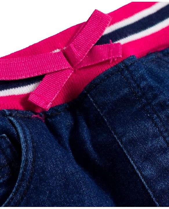 Babyhug Denim Mid Thigh Ribbed Waist Washed Skirt With Bow Applique - Navy Blue