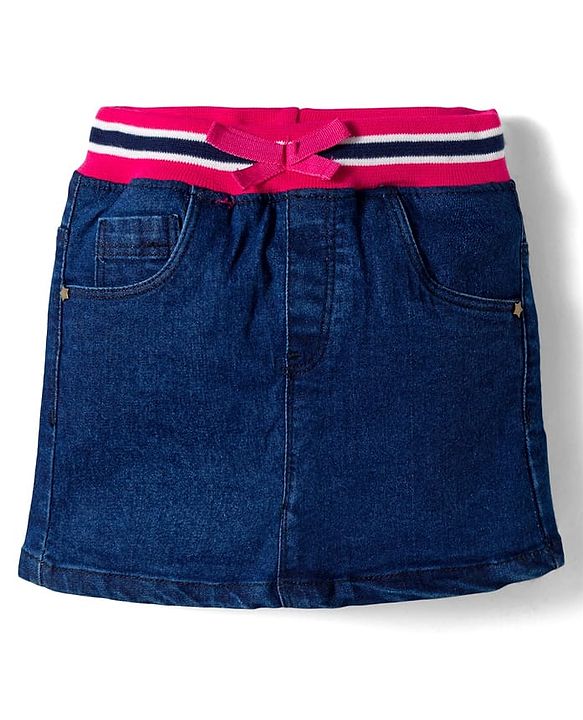 Babyhug Denim Mid Thigh Ribbed Waist Washed Skirt With Bow Applique - Navy Blue