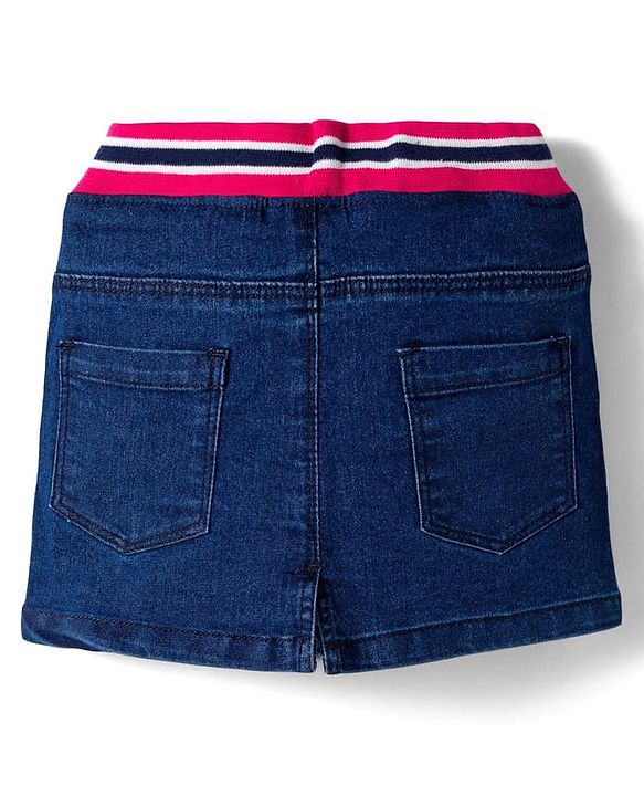 Babyhug Denim Mid Thigh Ribbed Waist Washed Skirt With Bow Applique - Navy Blue