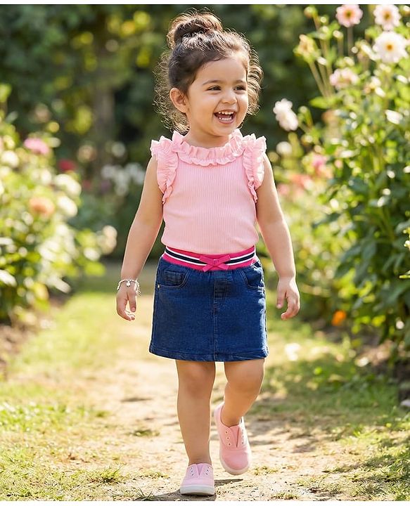 Babyhug Denim Mid Thigh Ribbed Waist Washed Skirt With Bow Applique - Navy Blue