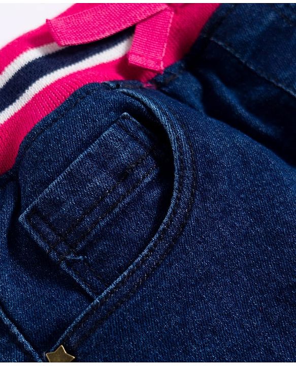 Babyhug Denim Mid Thigh Ribbed Waist Washed Skirt With Bow Applique - Navy Blue