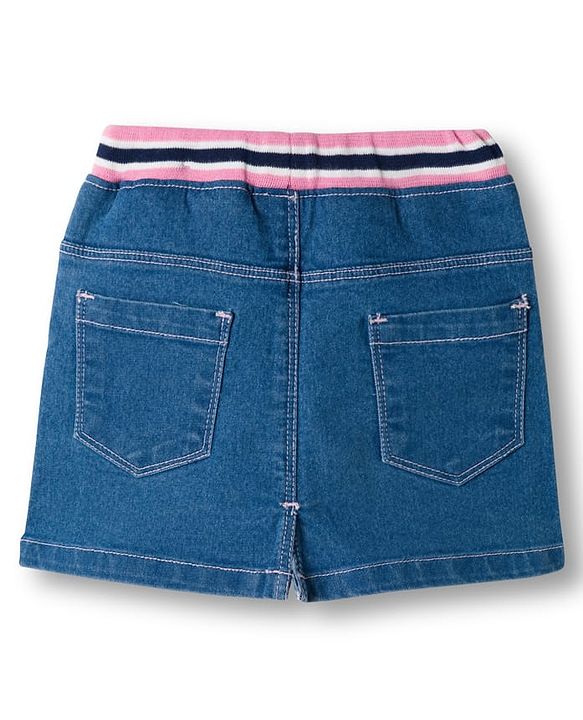 Babyhug Denim Mid Thigh Ribbed Waist Washed Skirt With Bow Applique - Navy Blue