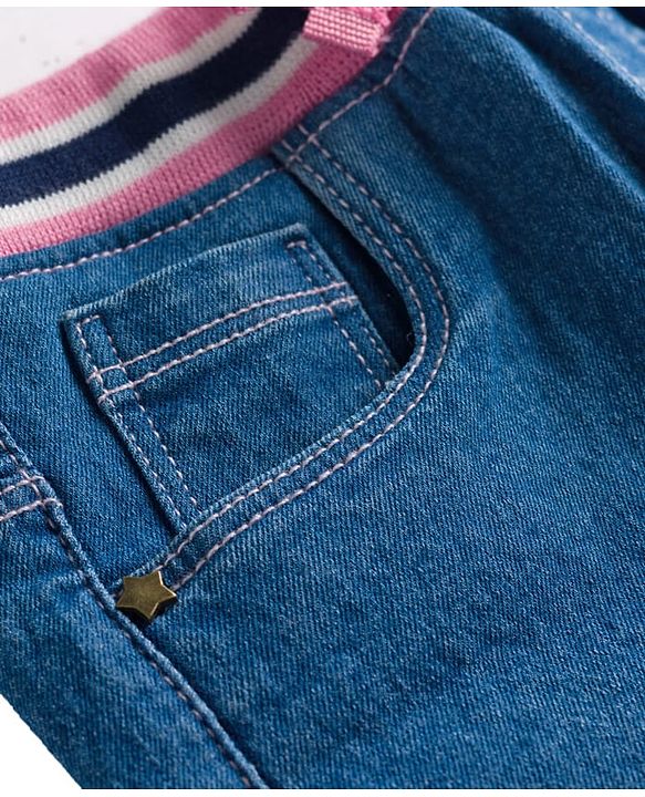 Babyhug Denim Mid Thigh Ribbed Waist Washed Skirt With Bow Applique - Navy Blue