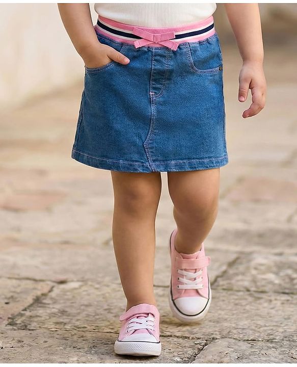 Babyhug Denim Mid Thigh Ribbed Waist Washed Skirt With Bow Applique - Navy Blue
