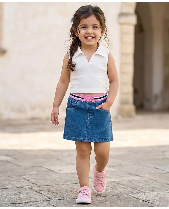 Babyhug Denim Mid Thigh Ribbed Waist Washed Skirt With Bow Applique - Navy Blue