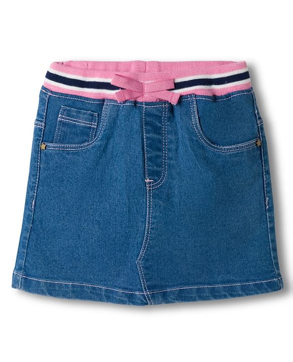 Babyhug Denim Mid Thigh Ribbed Waist Washed Skirt With Bow Applique - Navy Blue