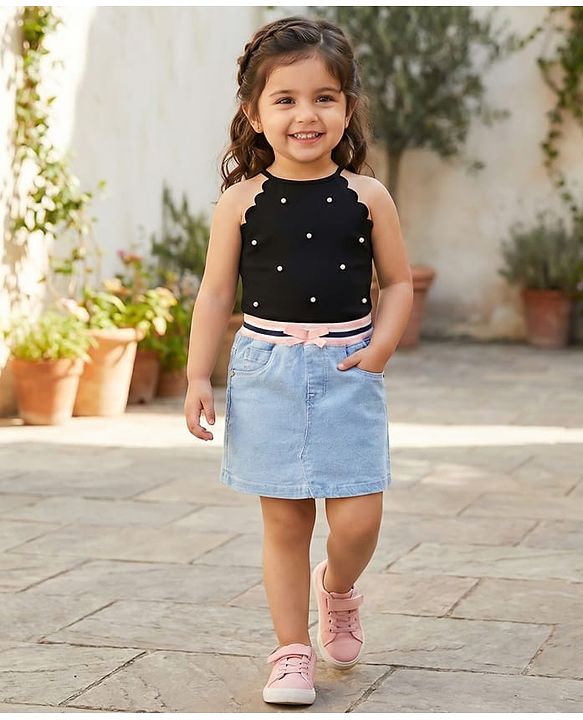 Babyhug Denim Mid Thigh Ribbed Waist Washed Skirt With Bow Applique - Navy Blue