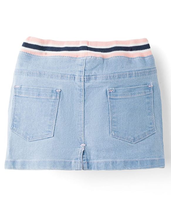 Babyhug Denim Mid Thigh Ribbed Waist Washed Skirt With Bow Applique - Navy Blue