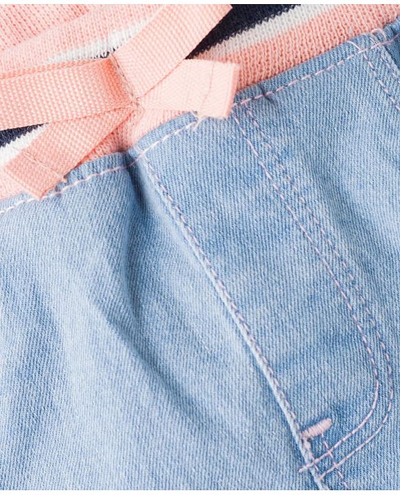 Babyhug Denim Mid Thigh Ribbed Waist Washed Skirt With Bow Applique - Navy Blue
