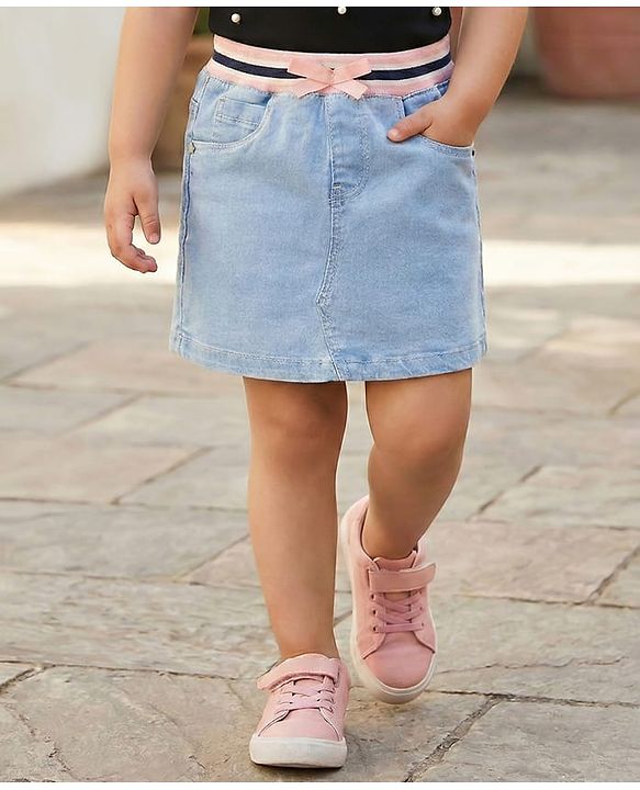 Babyhug Denim Mid Thigh Ribbed Waist Washed Skirt With Bow Applique - Navy Blue