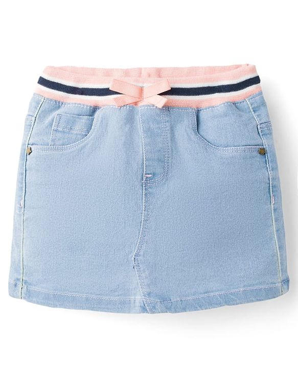 Babyhug Denim Mid Thigh Ribbed Waist Washed Skirt With Bow Applique - Navy Blue