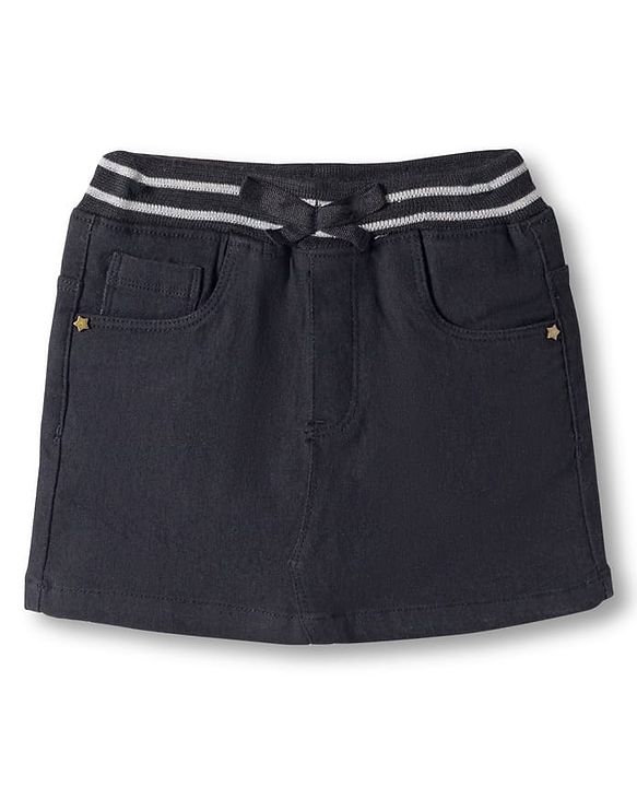 Babyhug Denim Mid Thigh Ribbed Waist Washed Skirt With Bow Applique - Navy Blue