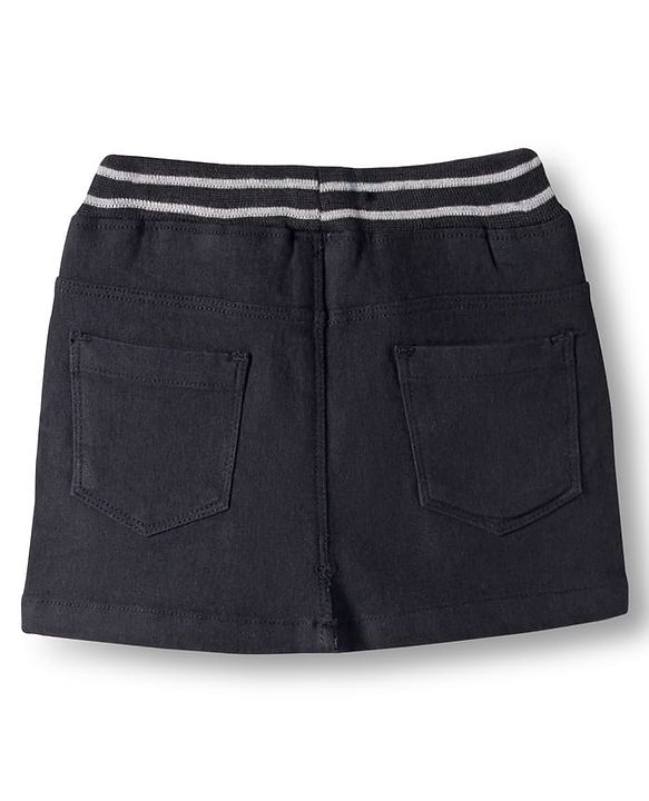 Babyhug Denim Mid Thigh Ribbed Waist Washed Skirt With Bow Applique - Navy Blue