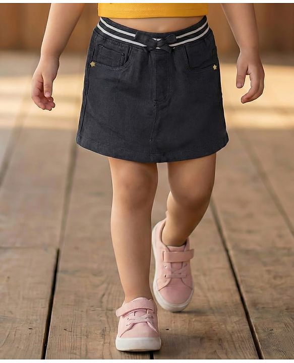 Babyhug Denim Mid Thigh Ribbed Waist Washed Skirt With Bow Applique - Navy Blue