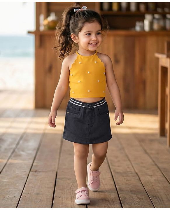Babyhug Denim Mid Thigh Ribbed Waist Washed Skirt With Bow Applique - Navy Blue