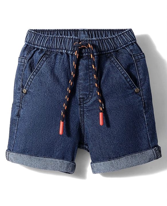 Babyhug Denim Mid Thigh Washed Shorts With Stretch - Navy Blue