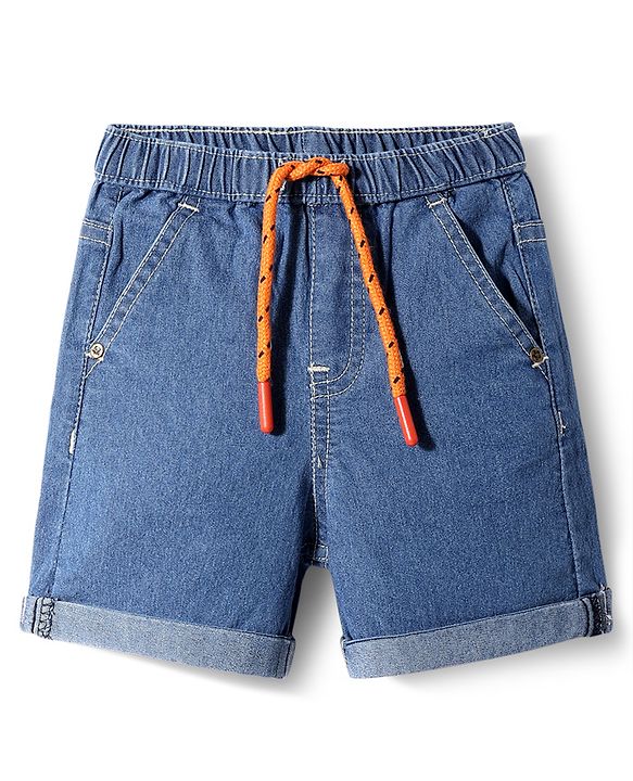 Babyhug Denim Mid Thigh Washed Shorts With Stretch - Navy Blue