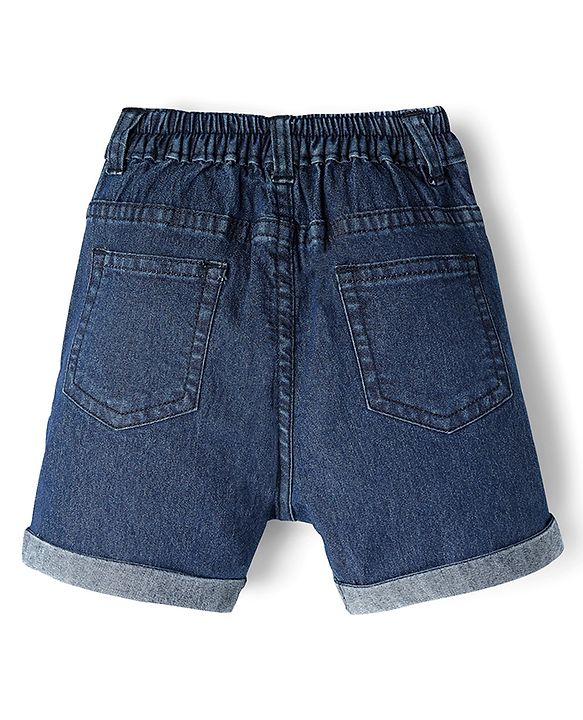 Babyhug Denim Mid Thigh Washed Shorts With Stretch - Navy Blue