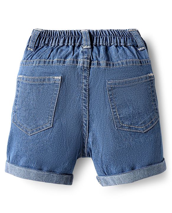 Babyhug Denim Mid Thigh Washed Shorts With Stretch - Blue