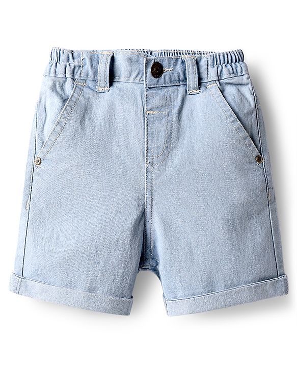 Babyhug Denim Mid Thigh Washed Shorts With Stretch - Navy Blue